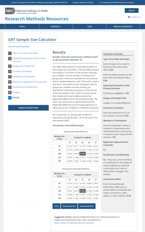 Figure 2 is a full screenshot of the results page for the GRT Sample Size Calculator from the NIH Research Methods Resources website. Nine steps are listed on the left, with the results and explanatory steps in the middle, two tables at the bottom of the page, and a highlighted box with the entered parameters on the right