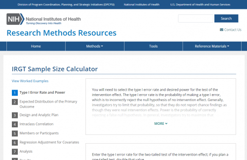 Figure 1 is a screenshot of the first page of the IRGT Sample Size Calculator from the NIH Research Methods Resources website. Six-and-a-half steps are listed on the left, with step #1 Type 1 Error Rate and Power highlighted. A preview of instructional text appears in a box near the top of the page