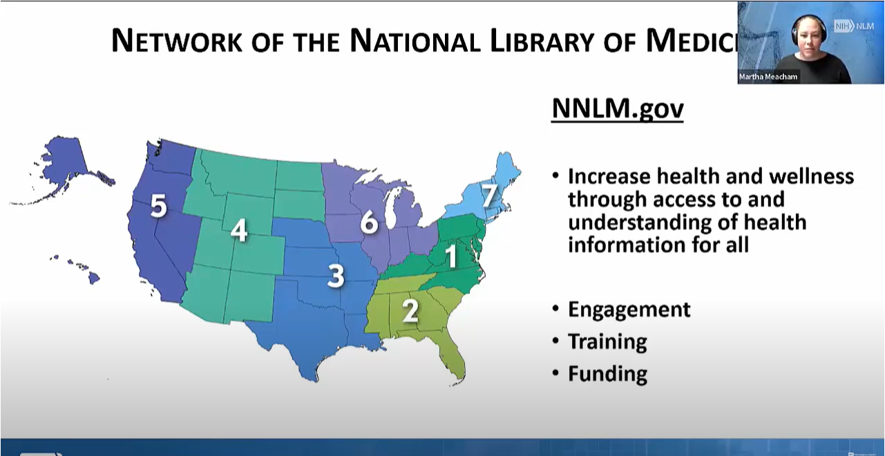 A slide from the webinar shows a map of the Network of the National Library of Medicine showing seven regions across the United States. Text says increases health and wellness though access and understanding of health information for all.