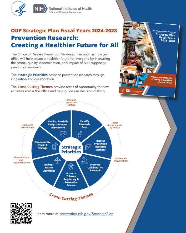 Screenshot of a flyer describing the strategic priorities and cross-cutting themes for the ODP Strategic Plan Fiscal Years 2024-2028