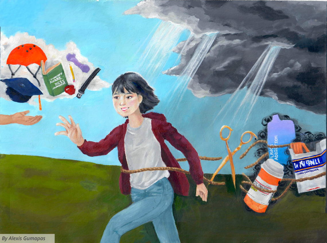 In this painting, scissors cut a girl’s ties to drugs and allow her to run toward safer, healthier choices like education, biking, and fitness. The drugs are under dark clouds, but as the girl moves to the healthier options the sky becomes brighter blue.