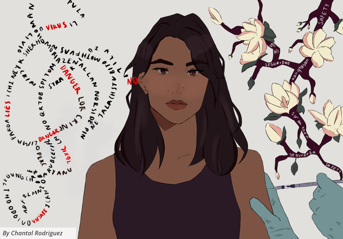 In the middle of the illustration, a girl receives a COVID vaccine shot in her right arm. To the left of her are strands of words connected by red words that signify negative associations with vaccination. To the right of her are flowers connected by the word “safety” in different languages.