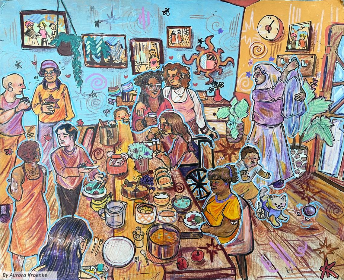 In this illustration, people of multiple ages, races, genders, cultures, and physical abilities gather in a room around a large table filled with various potluck food items such as soup, tacos, and fruit.