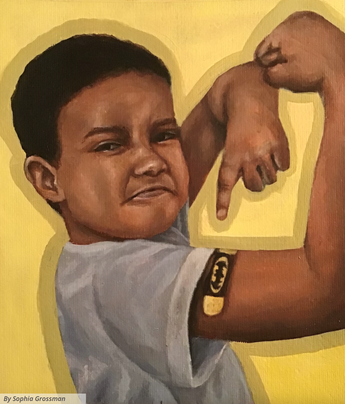In this painting, a young boy flexes and points to his bicep muscle, which has a Batman bandage to show that getting vaccinated is like being a superhero.