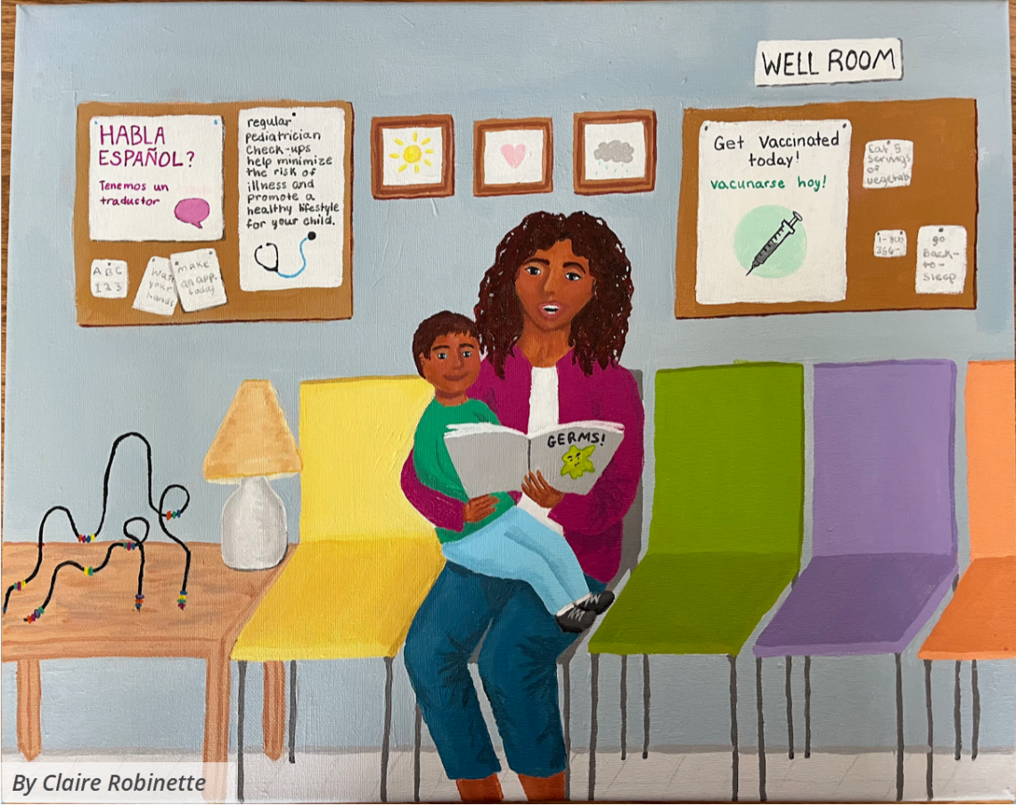 A painting of a mother and child reading a book about germs in the waiting room of a pediatrician’s office that has flyers and posters about health education in English and Spanish.