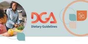 Image on left of black woman and child chopping vegetables. DCA, Dietary Guidelines