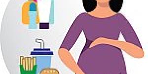 Illustration of pregnant female surrounded by beauty products and food