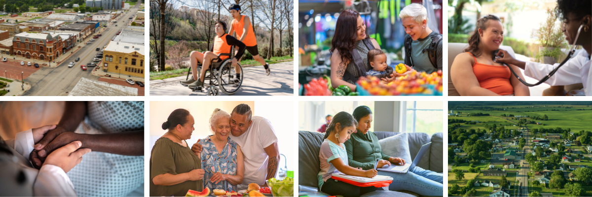 A collage of eight photos of diverse people, activities, and settings